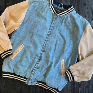 Vintage Varsity Denim Jacket with contrast sleeves.